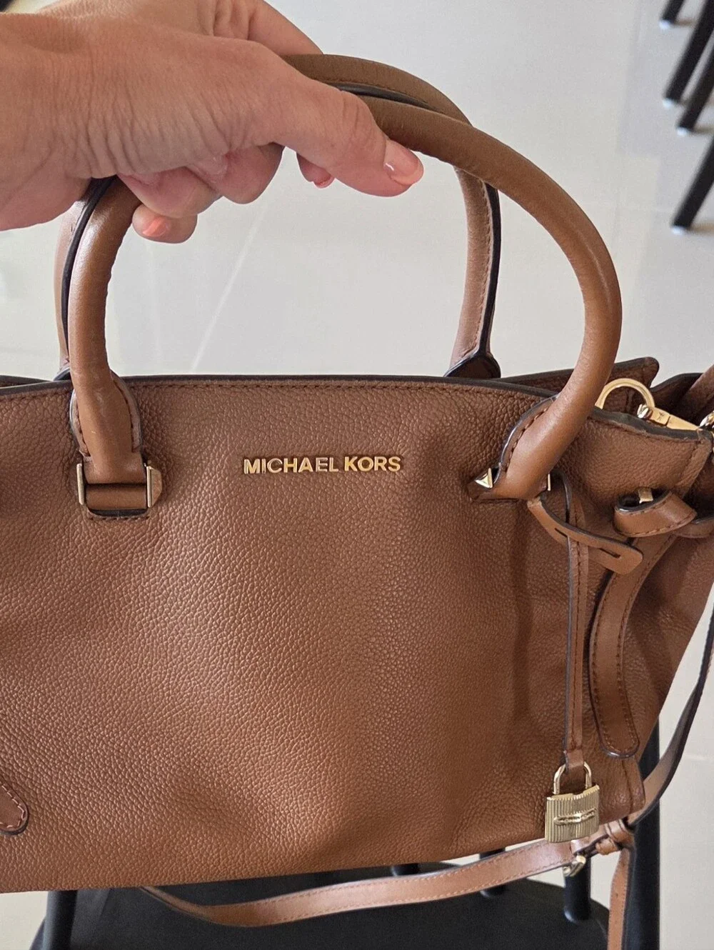 MICHAEL KORS Cognac Pebbled Leather Satchel with Gold Hardware